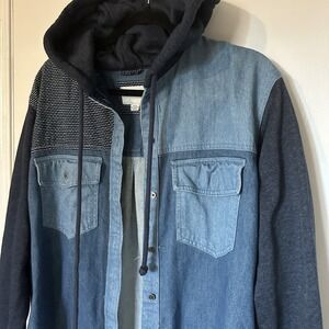 Y2K American Eagle Hooded Button Up Long Sleeve Flannel Denim Block Shirt Size M